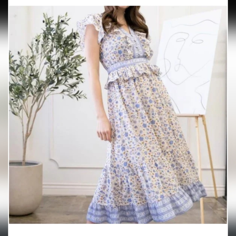 By The River Floral Blue and Cream Women's Dress - Picture 2 of 7